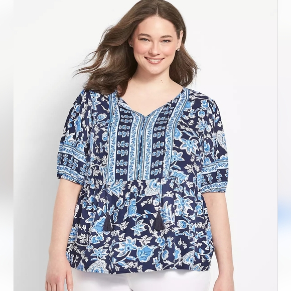 Lane Bryant Blue Floral Babydoll Boho Short Sleeve Blouse Top Size 26 - Picture 1 of 10